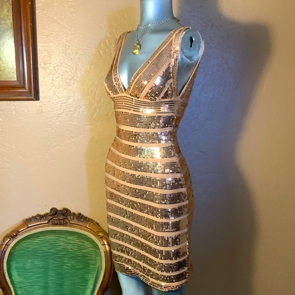 gold sequin bandage dress Bodycon Collection Gold Bandage Dress for Women, Knee-Length, V Neckline, Premium Polyester Nylon and Rayon, Size L main image 1
